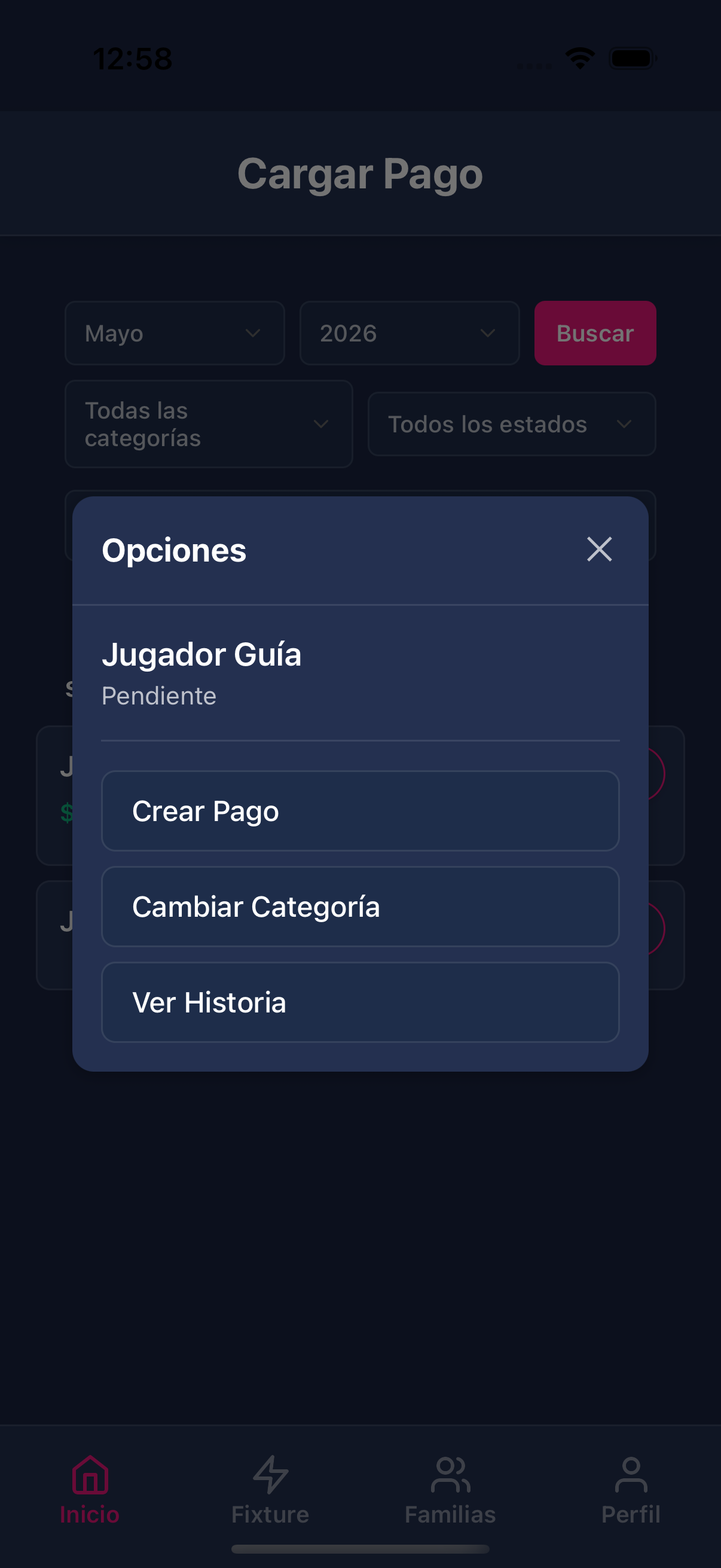 Menú opciones del jugador