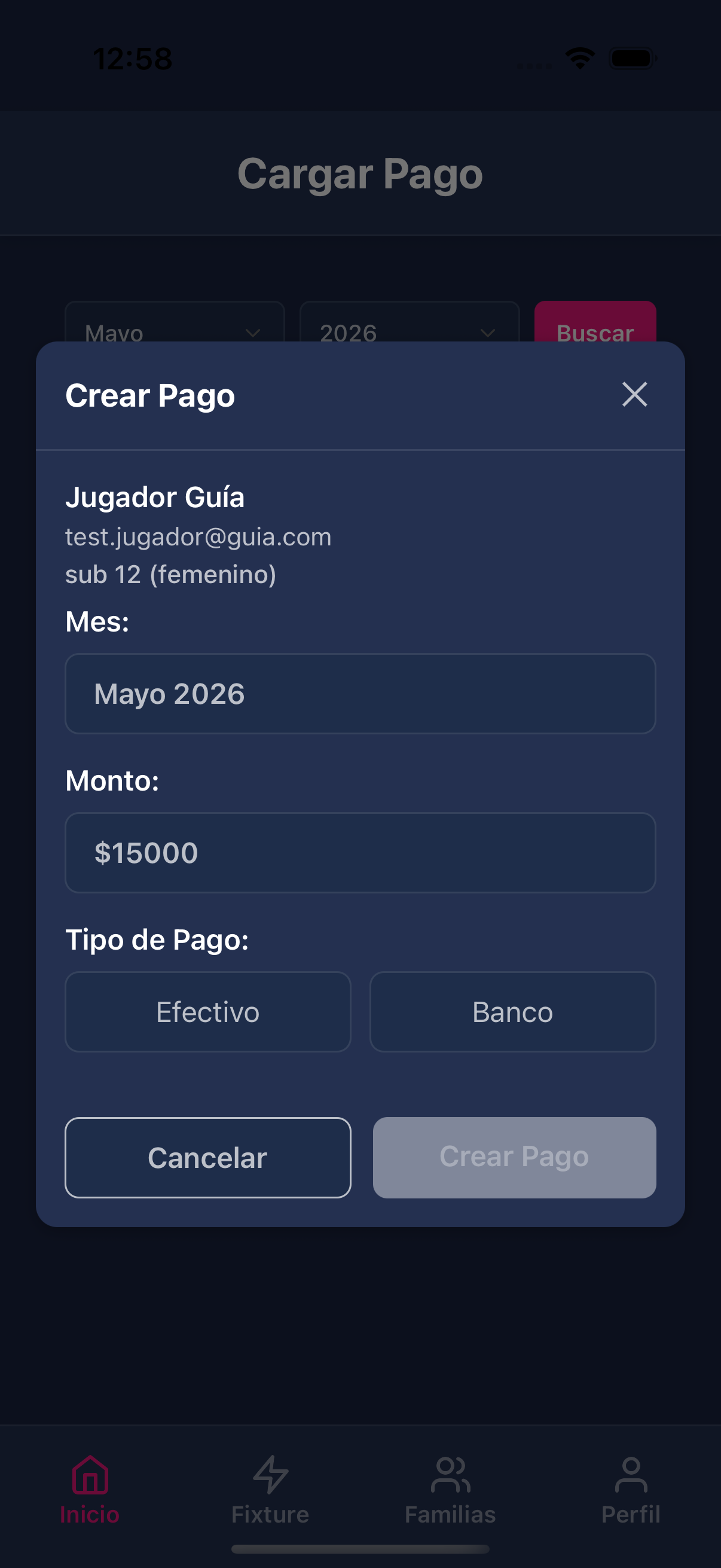 Formulario crear pago