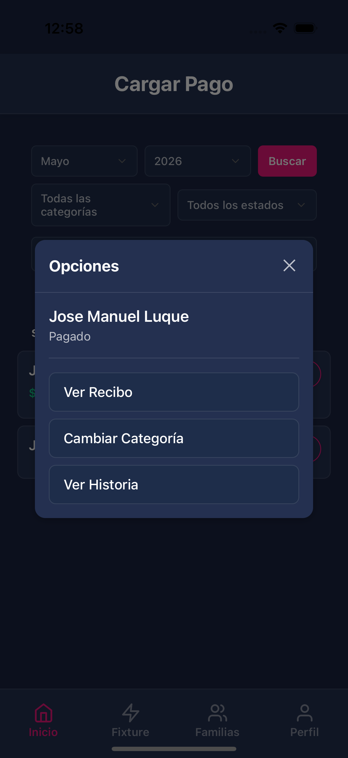 Menú del jugador pagado con Ver Recibo
